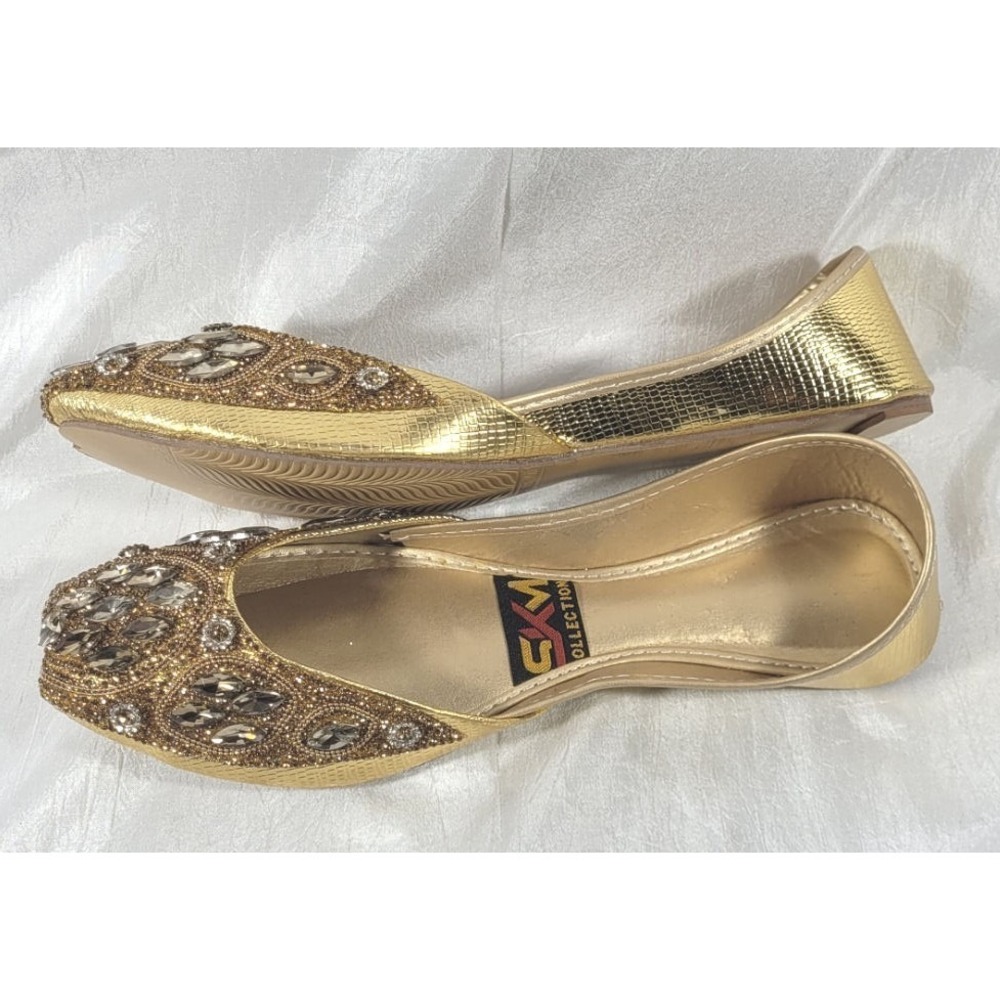 SKM Women's Pakistani Ethnic Flat Beaded Rhinestone Khussa Shoes - Gold - Sz 10